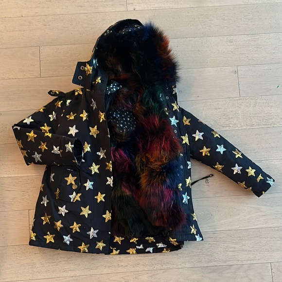 Lola + the Boys Star-Patterned Black Jacket with Colorful Fur Lining - Picture 1 of 6